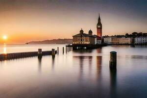 a long exposure photograph of a clock tower in the water. AI-Generated photo