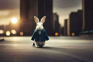 a white rabbit wearing a suit and tie standing in the middle of a city. AI-Generated photo