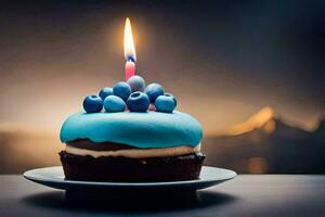 a blue birthday cake with a single candle. AI-Generated photo