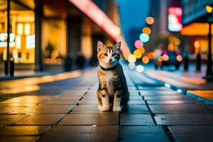 a cat sitting on the sidewalk at night. AI-Generated photo