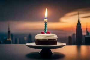 a cupcake with a single candle on top of a plate. AI-Generated photo