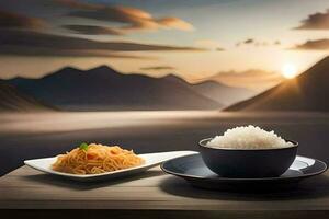 a plate of rice and a bowl of noodles are placed on a table with mountains in the background. AI-Generated photo