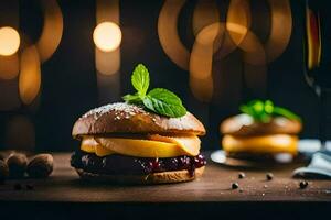 dos hamburguesas con queso y carne en un de madera mesa. generado por ai foto