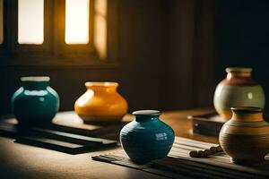 colorful vases on a table in front of a window. AI-Generated photo