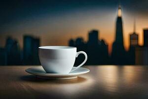 a coffee cup sits on a table in front of a city skyline. AI-Generated photo