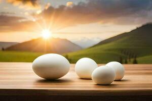 eggs on a table with mountains in the background. AI-Generated photo