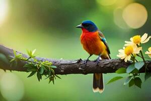 a colorful bird sits on a branch with flowers. AI-Generated photo