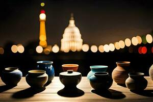 a group of vases sitting on a table in front of the capitol building. AI-Generated photo