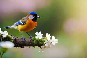 a colorful bird sits on a branch with white flowers. AI-Generated photo