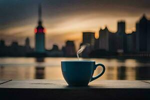 a cup of coffee on a table with a city in the background. AI-Generated photo