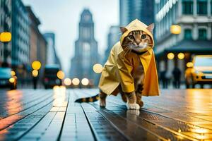 a cat wearing a yellow raincoat on a city street. AI-Generated photo