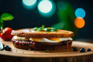 a sandwich with an egg and cheese on top. AI-Generated photo