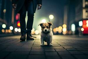 un pequeño perro es en pie en el calle a noche. generado por ai foto