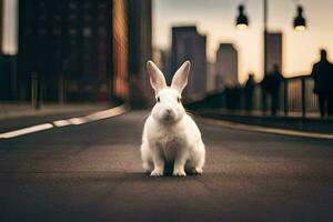 a white rabbit is sitting on the road in front of a city. AI-Generated photo