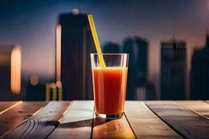 a glass of orange juice on a table in front of a city skyline. AI-Generated photo