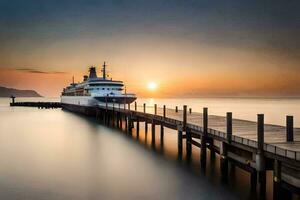 a boat docked at the pier at sunset. AI-Generated photo