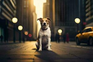 un perro sentado en el calle en frente de un Taxi. generado por ai foto
