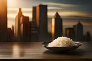 rice in a bowl with cityscape in the background. AI-Generated photo