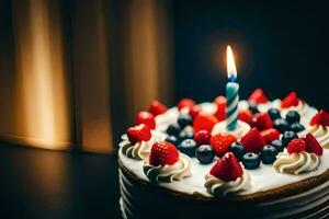 a birthday cake with berries and a lit candle. AI-Generated photo