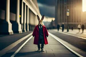 a rabbit wearing a red coat and tie standing on a street. AI-Generated photo