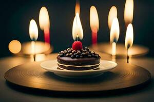 un chocolate pastel con velas en un lámina. generado por ai foto