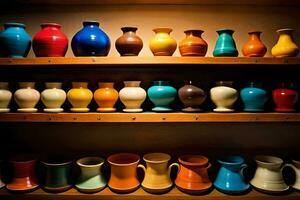 a shelf with many colorful vases on it. AI-Generated photo