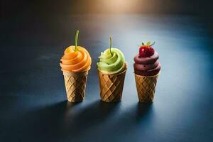 three ice cream cones with different flavors. AI-Generated photo