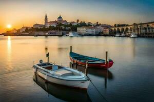 barcos en el agua a puesta de sol con un ciudad en el antecedentes. generado por ai foto