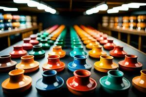 colorful vases are lined up on a table. AI-Generated photo