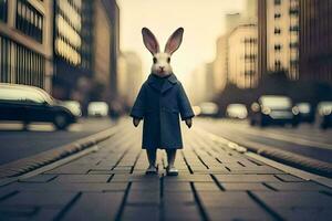 a rabbit in a coat stands on a street. AI-Generated photo