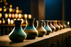 a row of vases lined up on a wooden table. AI-Generated photo