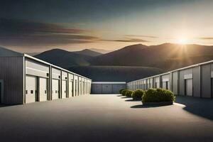 a large warehouse with mountains in the background. AI-Generated photo