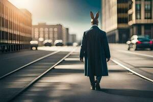 a man wearing rabbit ears walks down a street. AI-Generated photo