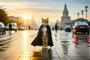 a cat in a cape standing on a street. AI-Generated photo