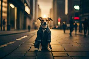 a dog in a suit standing on a street. AI-Generated photo