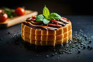 a cake with chocolate and basil on a black background. AI-Generated photo