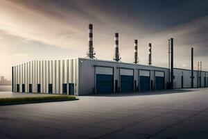 a large industrial building with two large chimneys. AI-Generated photo