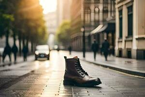 a brown boot is sitting on the street. AI-Generated photo