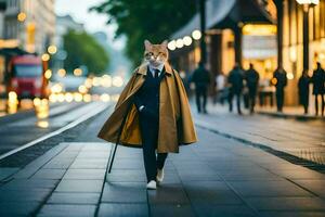 a cat dressed as a man walking down a city street. AI-Generated photo