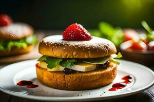 a hamburger with cheese, strawberries and a cherry on top. AI-Generated photo