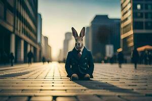 a rabbit wearing a suit and tie sits on the ground. AI-Generated photo