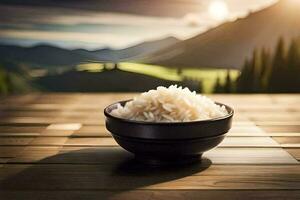 rice in a bowl on a wooden table. AI-Generated photo