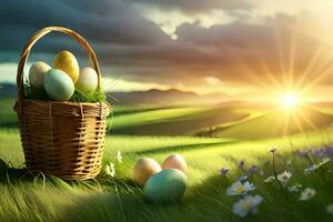 easter eggs in a basket on a sunny day. AI-Generated photo