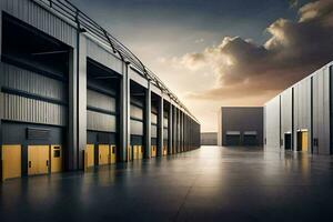 a warehouse with yellow doors and a sky. AI-Generated photo