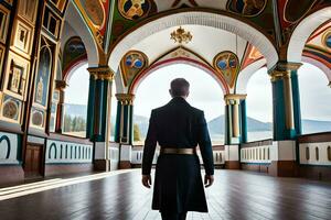 a man in a black coat walks through an ornate room. AI-Generated photo