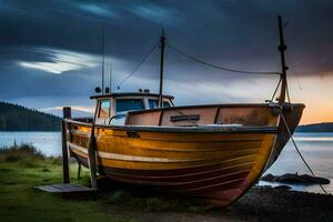 a boat sits on the shore at sunset. AI-Generated photo