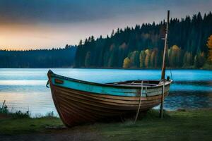 un barco se sienta en el apuntalar de un lago a puesta de sol. generado por ai foto