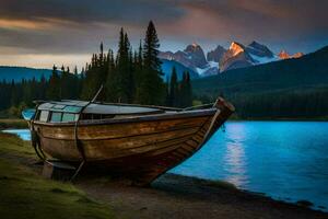 a boat sits on the shore of a lake at sunset. AI-Generated photo