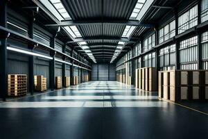 a large warehouse with many boxes and shelves. AI-Generated photo