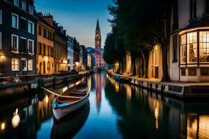 un barco es en un canal en un ciudad a noche. generado por ai foto